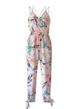 BCBGeneration Pink Floral V-Neck Jumpsuit with Tie Ankles